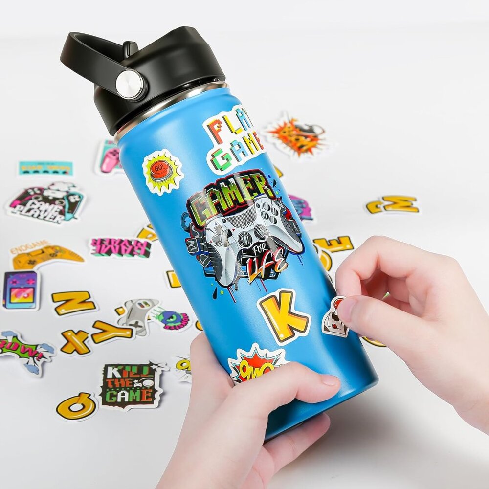 Stainless Steel Water Bottle Gamer w/ Stickers Blue Customizable 18 oz